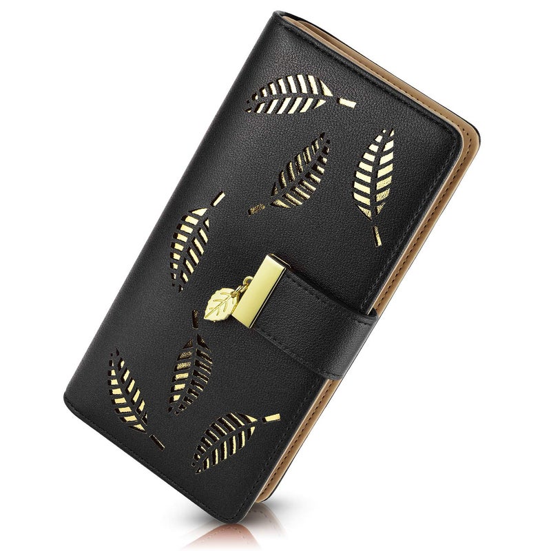 PGXT Women's Wallet Women Credit Card Holder Hollow Leaf Pattern Bifold Leather Lady Long Wallet Purse Zip Birthday Xmas Gifts for Women Girls(Black) - Image 1